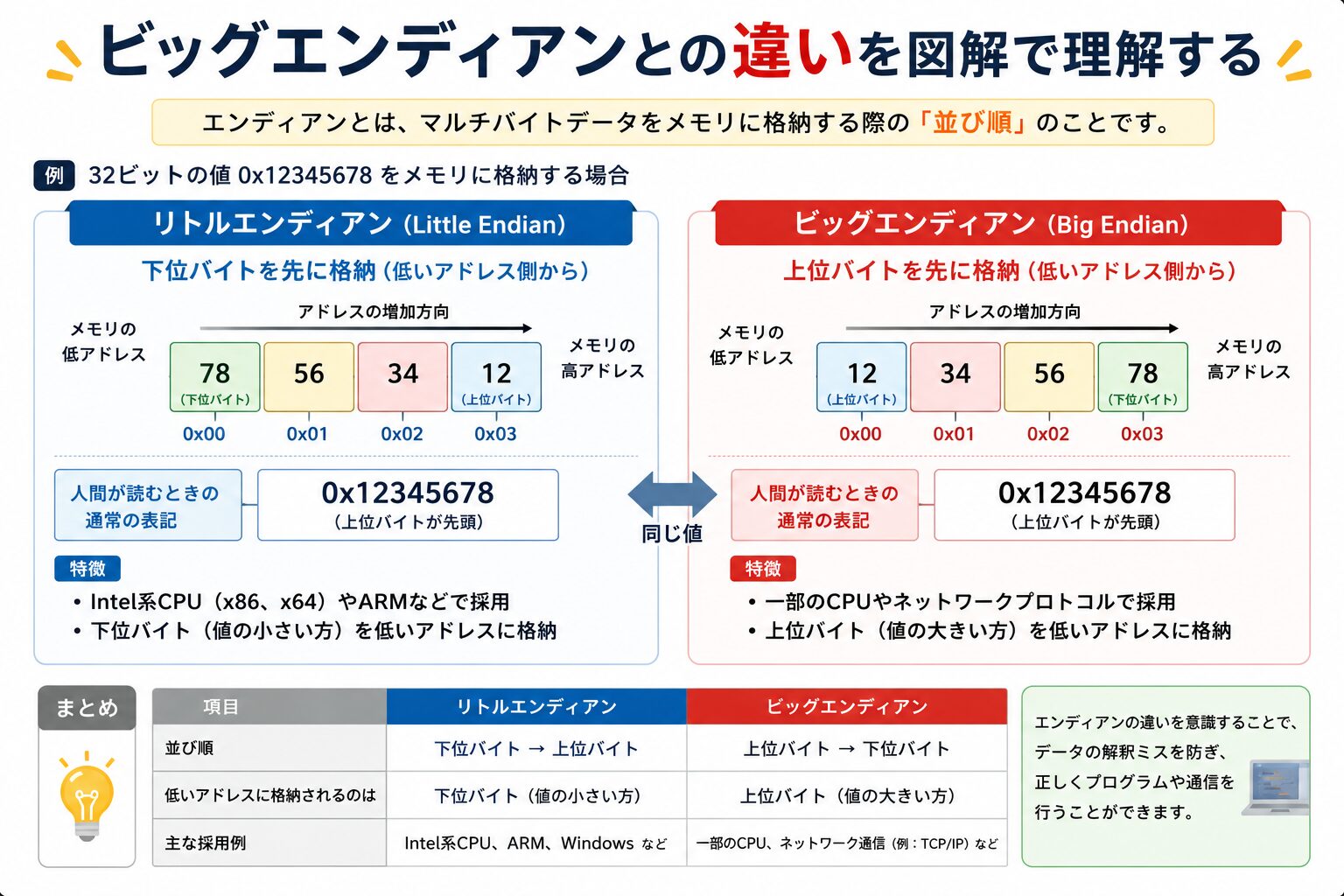 リトルエンディアンとビッグエンディアンのバイト順を比較した図解